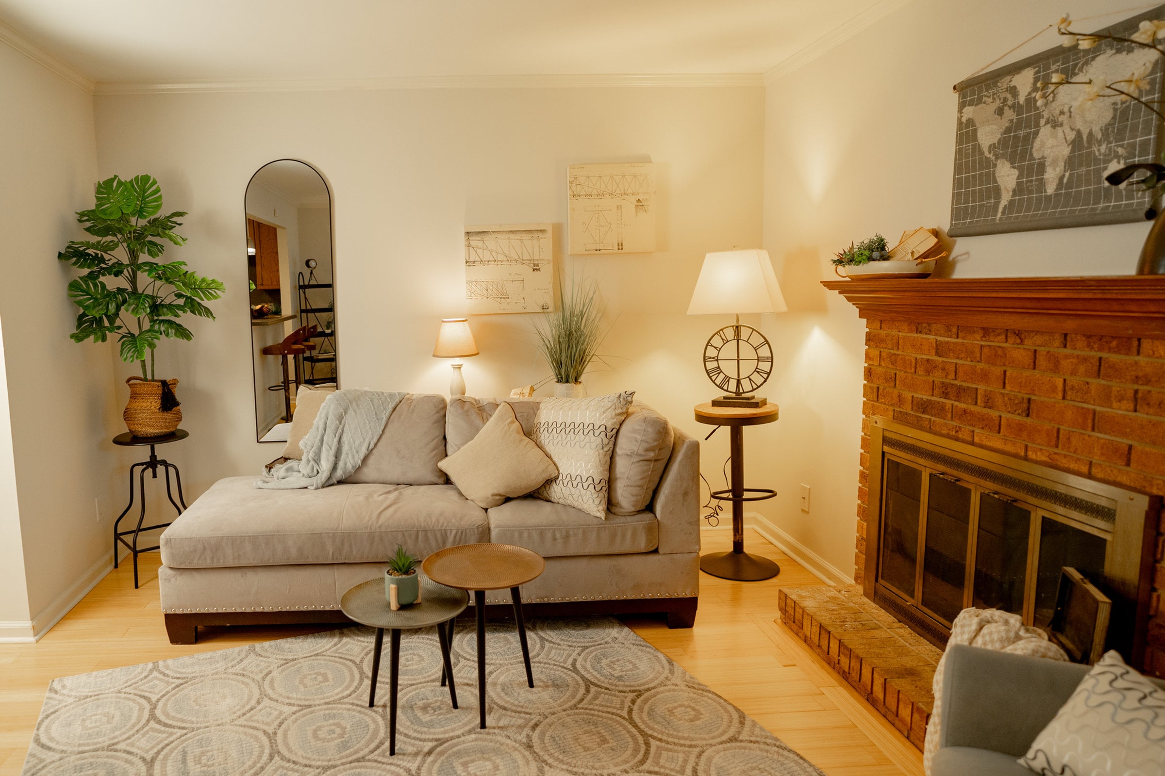 Tower Road: living room with brick fireplace