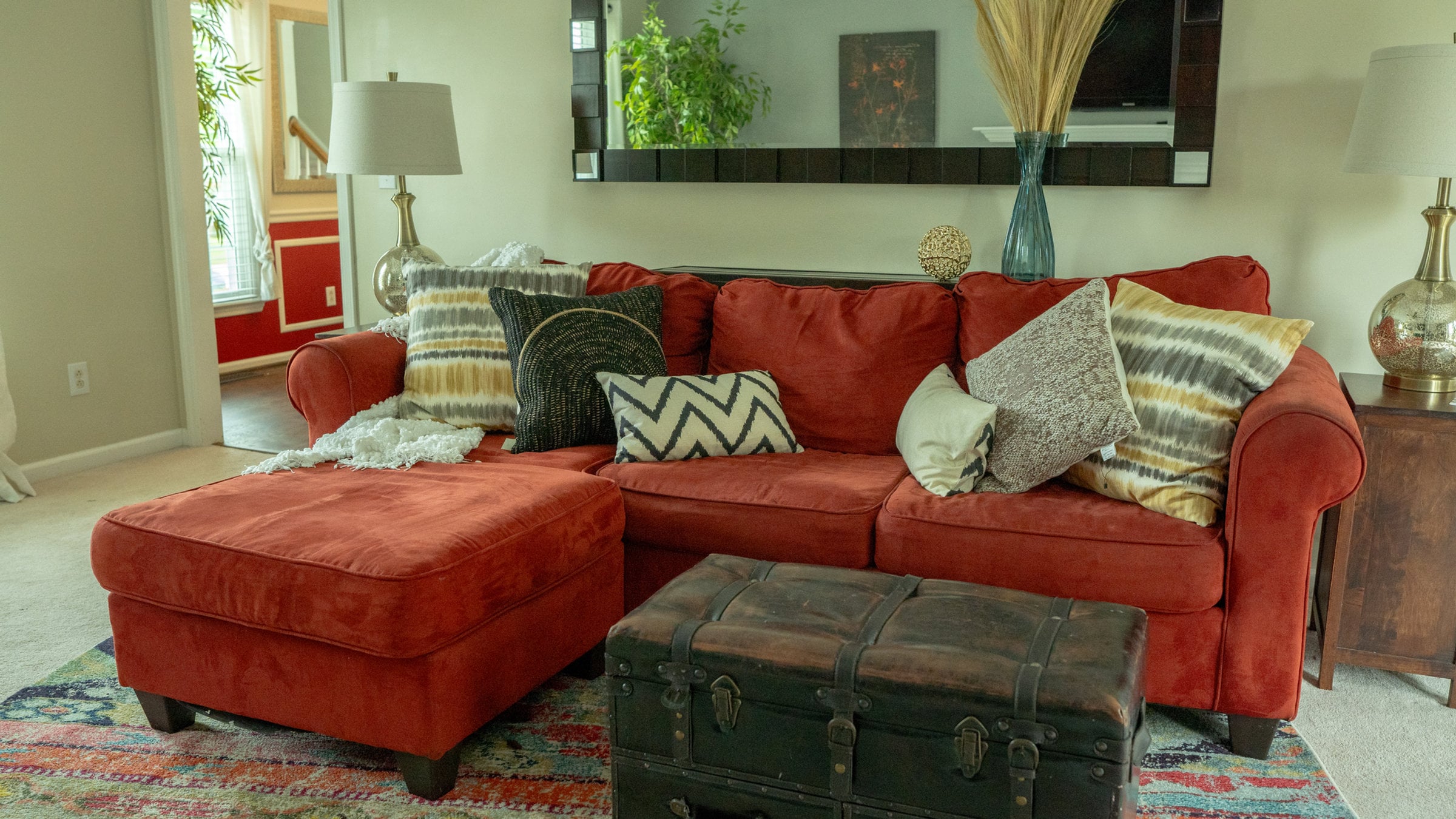 Redesigned family room with layered neutrals